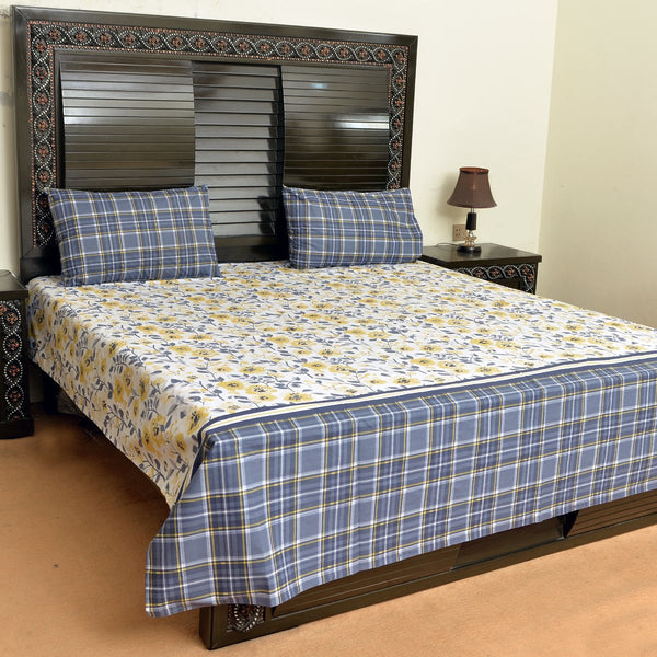 Yellowish flowers with check cotton bed sheet with 2 pillow cases - zeests.com - Best place for furniture, home decor and all you need