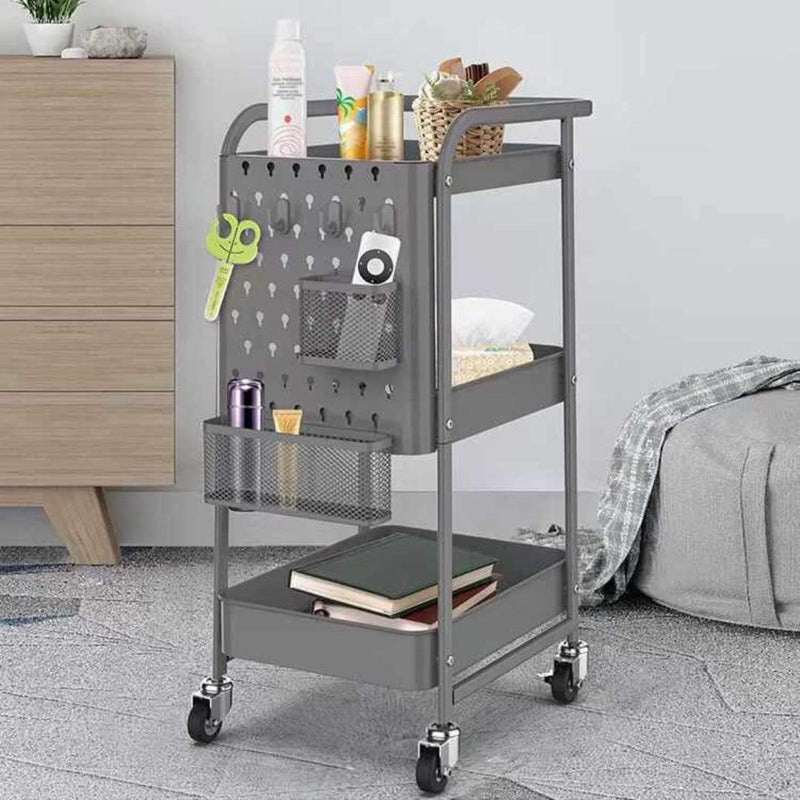 Rolling Utility Cart with Handle & Removable Pegboard (3-Tier) - zeests.com - Best place for furniture, home decor and all you need