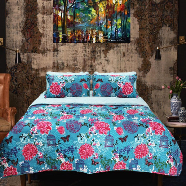 Blue Flowers - Export Quality Bed Spread Set - 6 pc - zeests.com - Best place for furniture, home decor and all you need