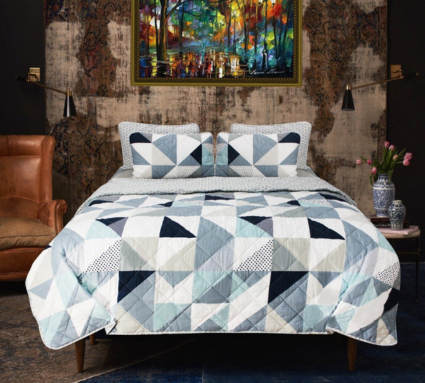 Blue Geometric - Export Quality Bed Spread Set - 6 pc - zeests.com - Best place for furniture, home decor and all you need