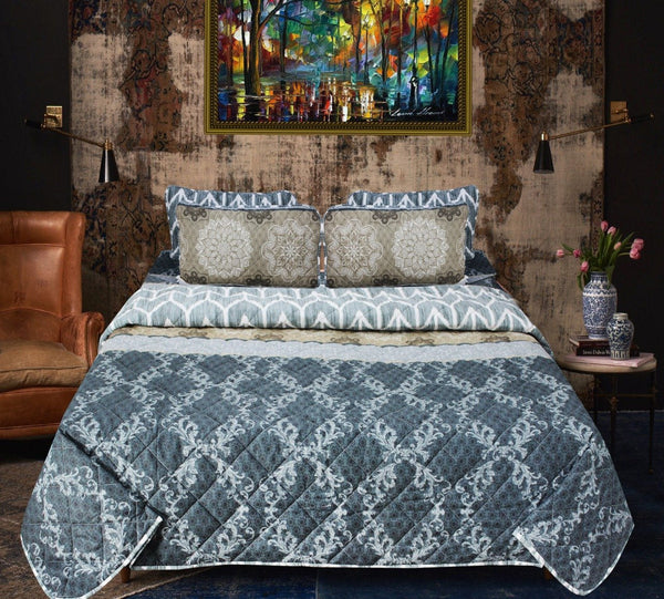 Blue Patterned - Export Quality Bed Spread Set - 6 pc - zeests.com - Best place for furniture, home decor and all you need