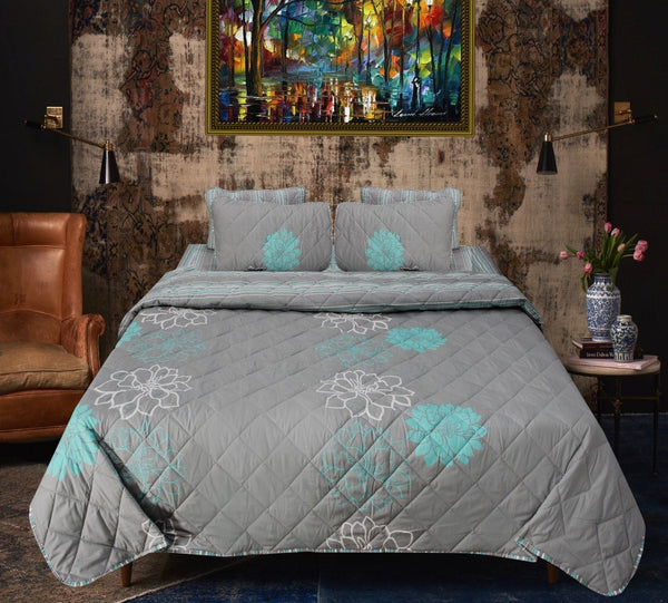 Aqua Floral on Grey - 6 Pieces Bed Spread Set - zeests.com - Best place for furniture, home decor and all you need