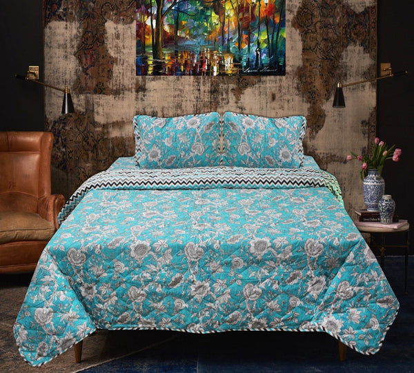 Blue Floral - Cotton Bed Spread Set - 6 pc - zeests.com - Best place for furniture, home decor and all you need