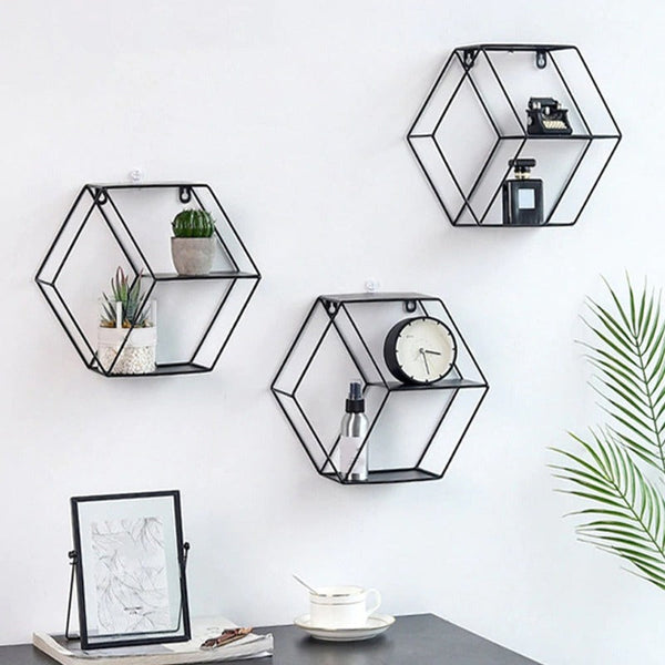 Wall-Mounted "Hexagonal" Floating Metal Storage Shelve Frame Decor - zeests.com - Best place for furniture, home decor and all you need
